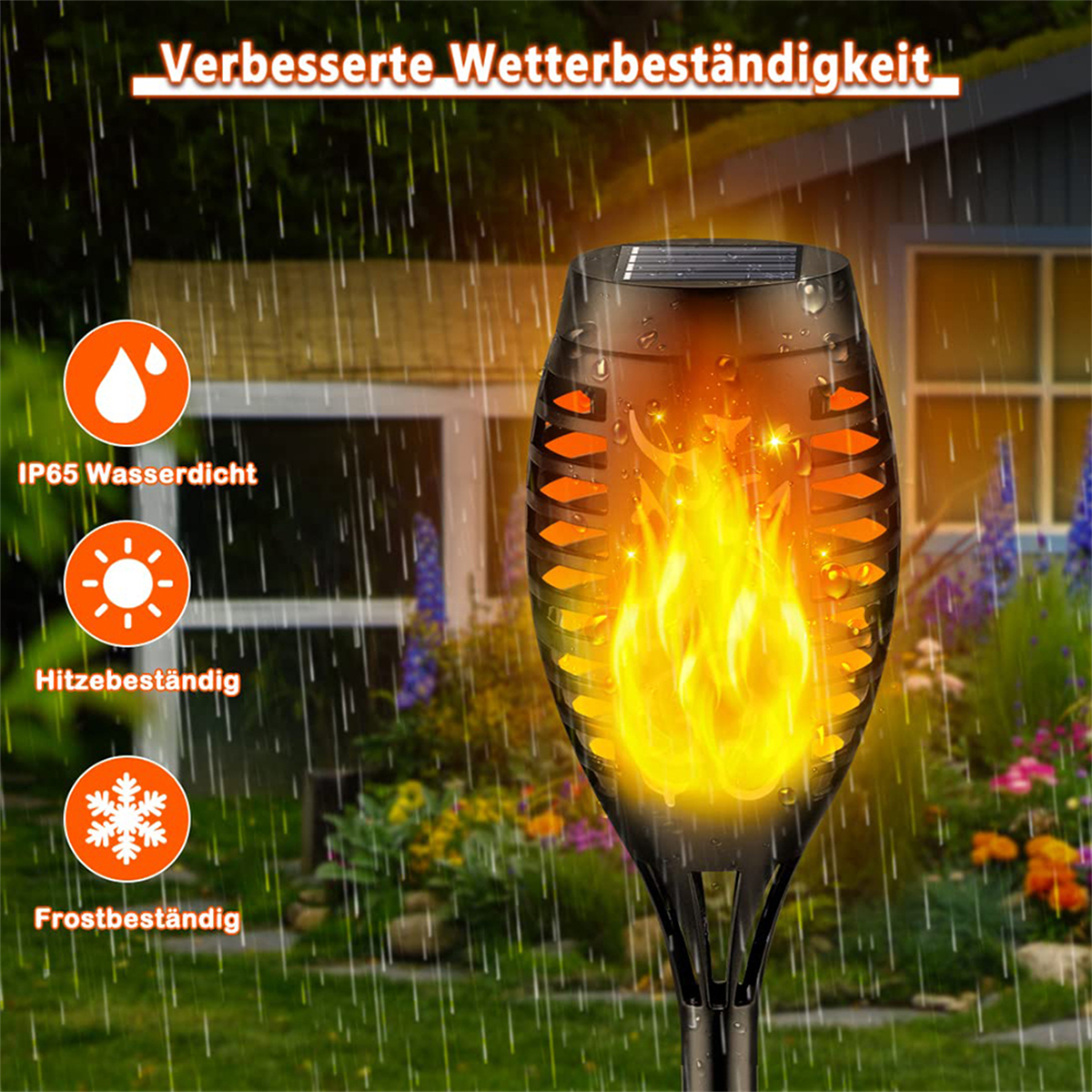 Schwarze Solarfackel mit Flammeneffekt, mit orangefarbenem und gelbem Licht sowie Regen- und Icons.