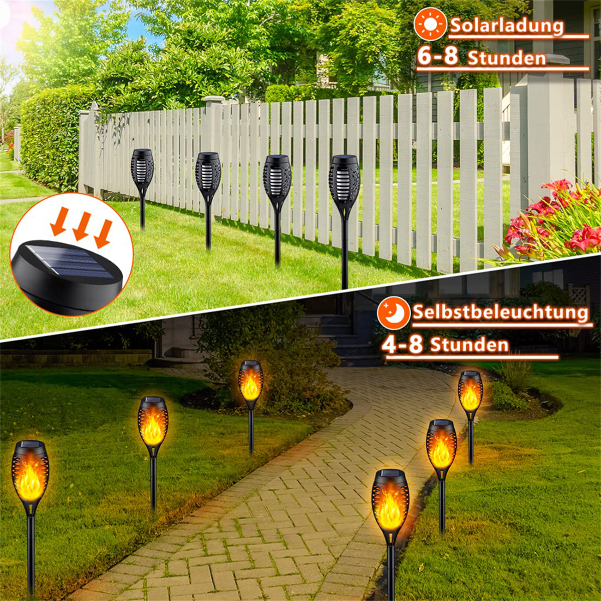 Solarbetriebene Fackeln mit Flammeneffekt, in einem Garten, Tag und Nacht.
