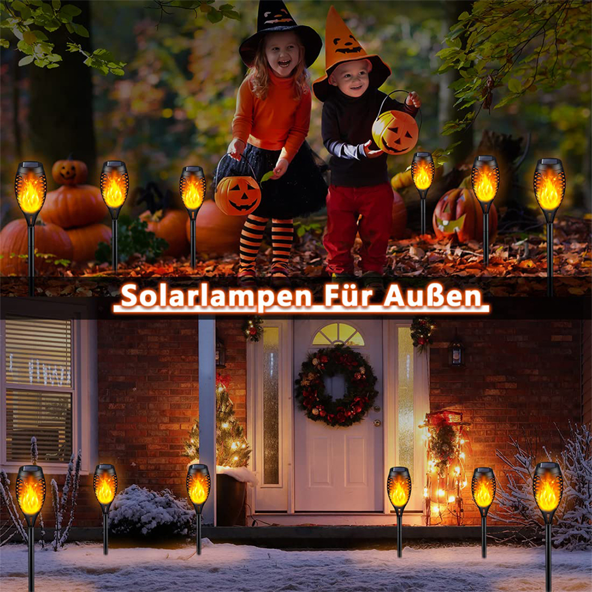 Kinder in Kostümen mit Kürbissen, umgeben von Solarlichtern, vor einem beleuchteten Haus bei Nacht.