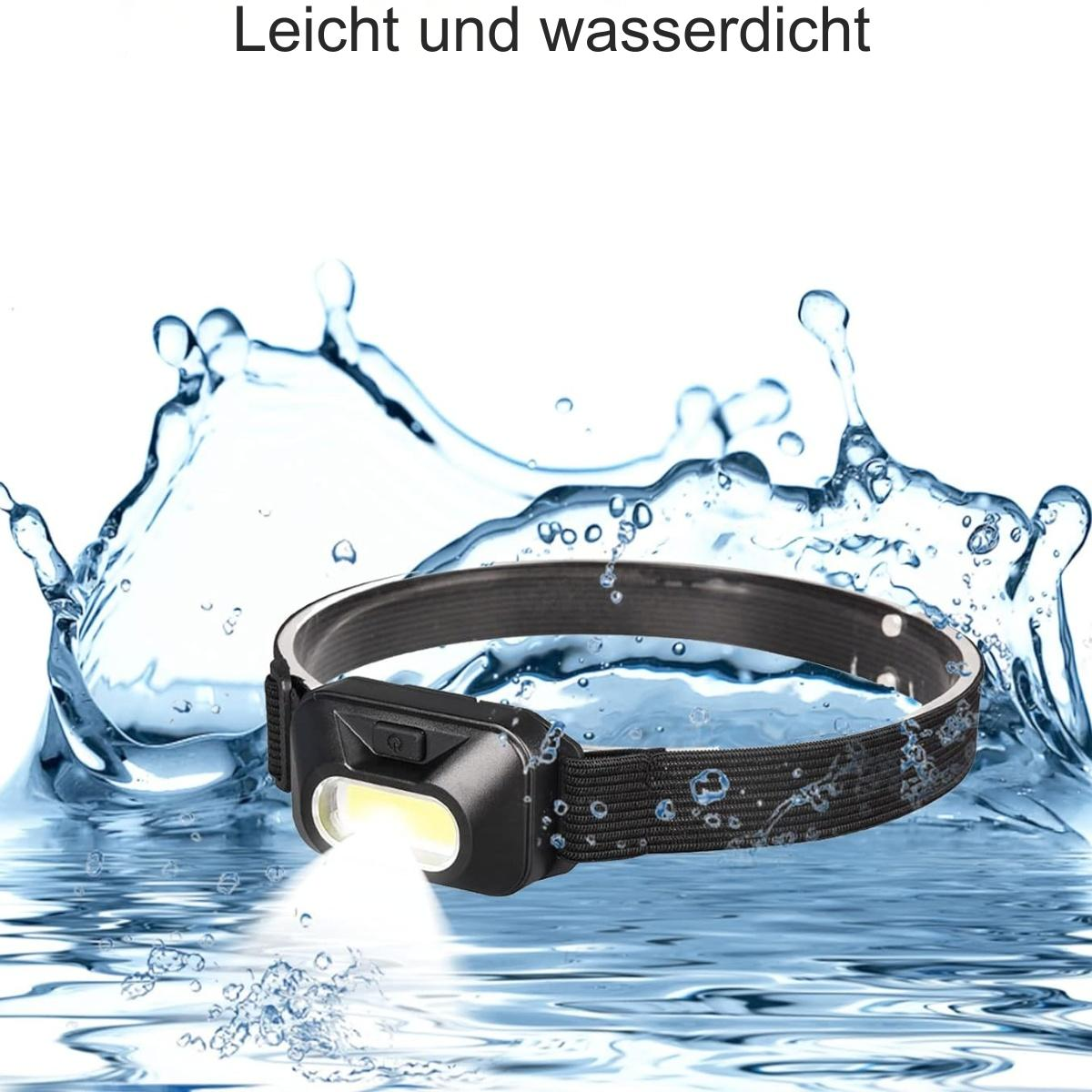 Eine schwarze Stirnlampe im Wasser, mit dem Text 'leicht und wasserdicht'.