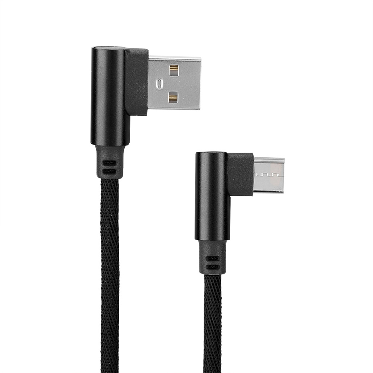 Schwarzes USB-zu-Micro-USB-Kabel mit abgewinkelten Steckern. Das Kabel ist schwarz und hat eine strukturierte Oberfläche.