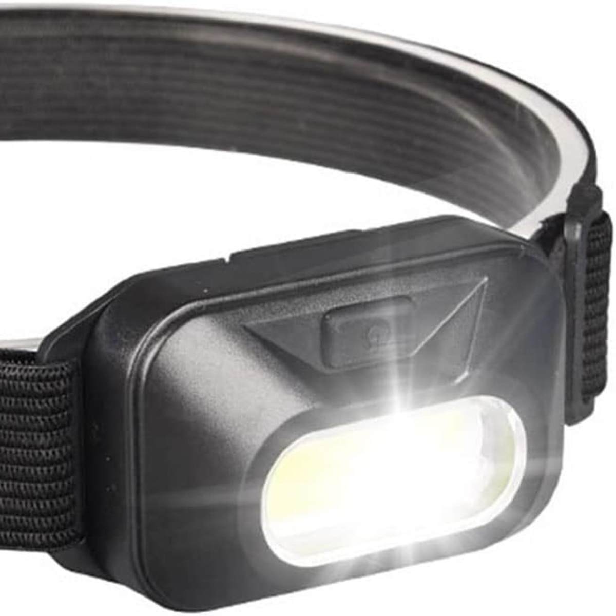 Schwarze Stirnlampe mit hellem, weißem Licht. Weißes Band. Einfaches Design.