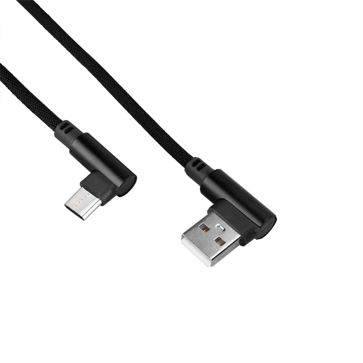 Ein schwarzes USB-C-zu-USB-A-Kabel, abgewinkelte Anschlüsse. Das Kabel ist schwarz und flexibel.
