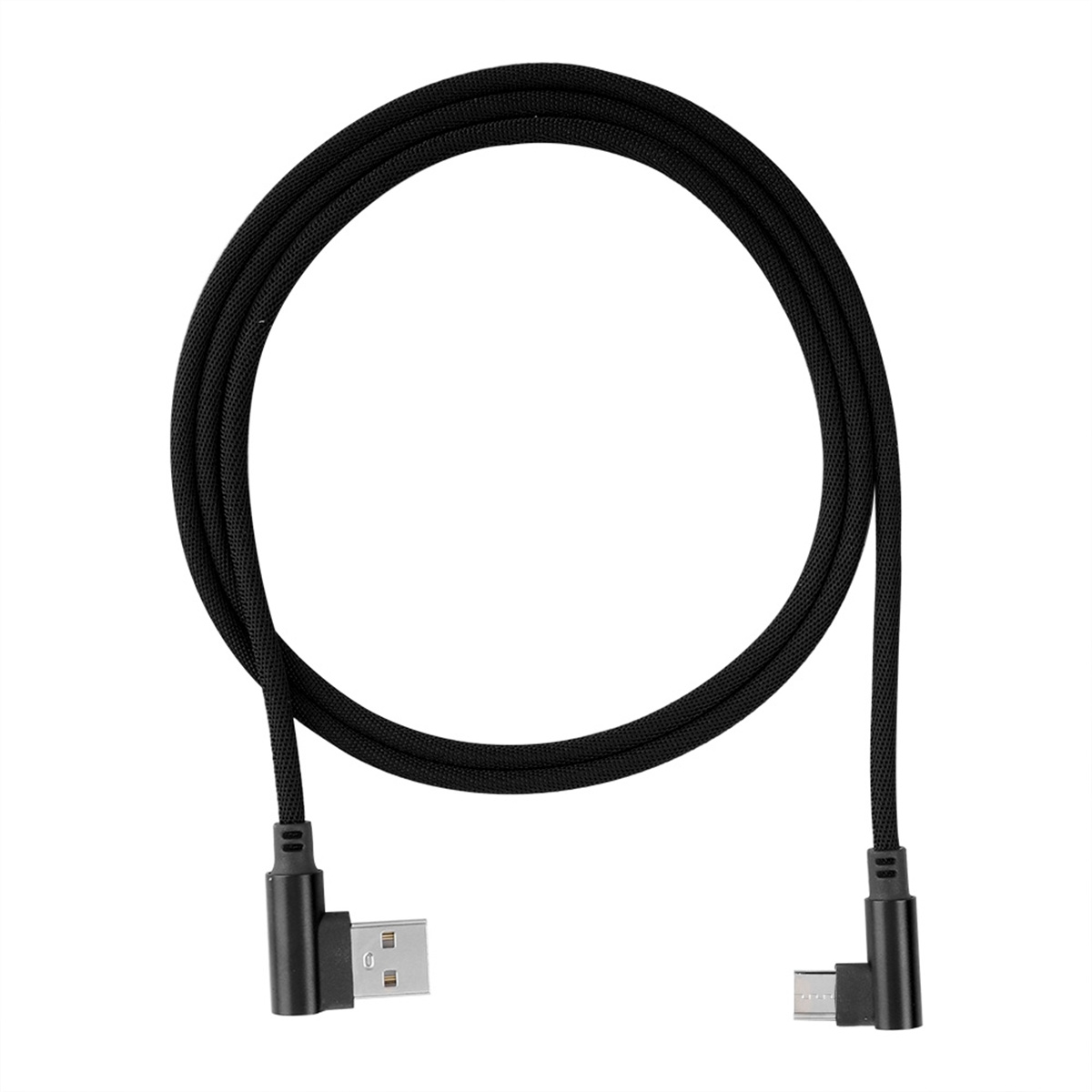 Schwarzes USB-Kabel mit abgewinkelten Steckern, auf weißem Hintergrund.