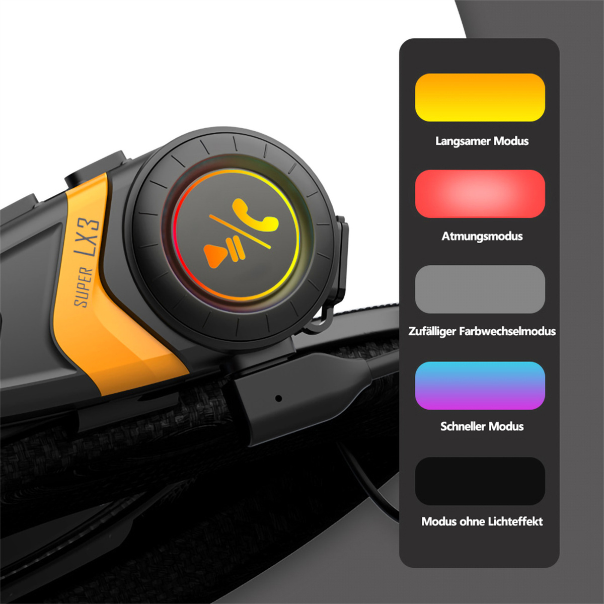 Schwarz-oranges Gerät mit rundem Display. Farbmodi rechts: gelb, rot, grau, blau, schwarz.