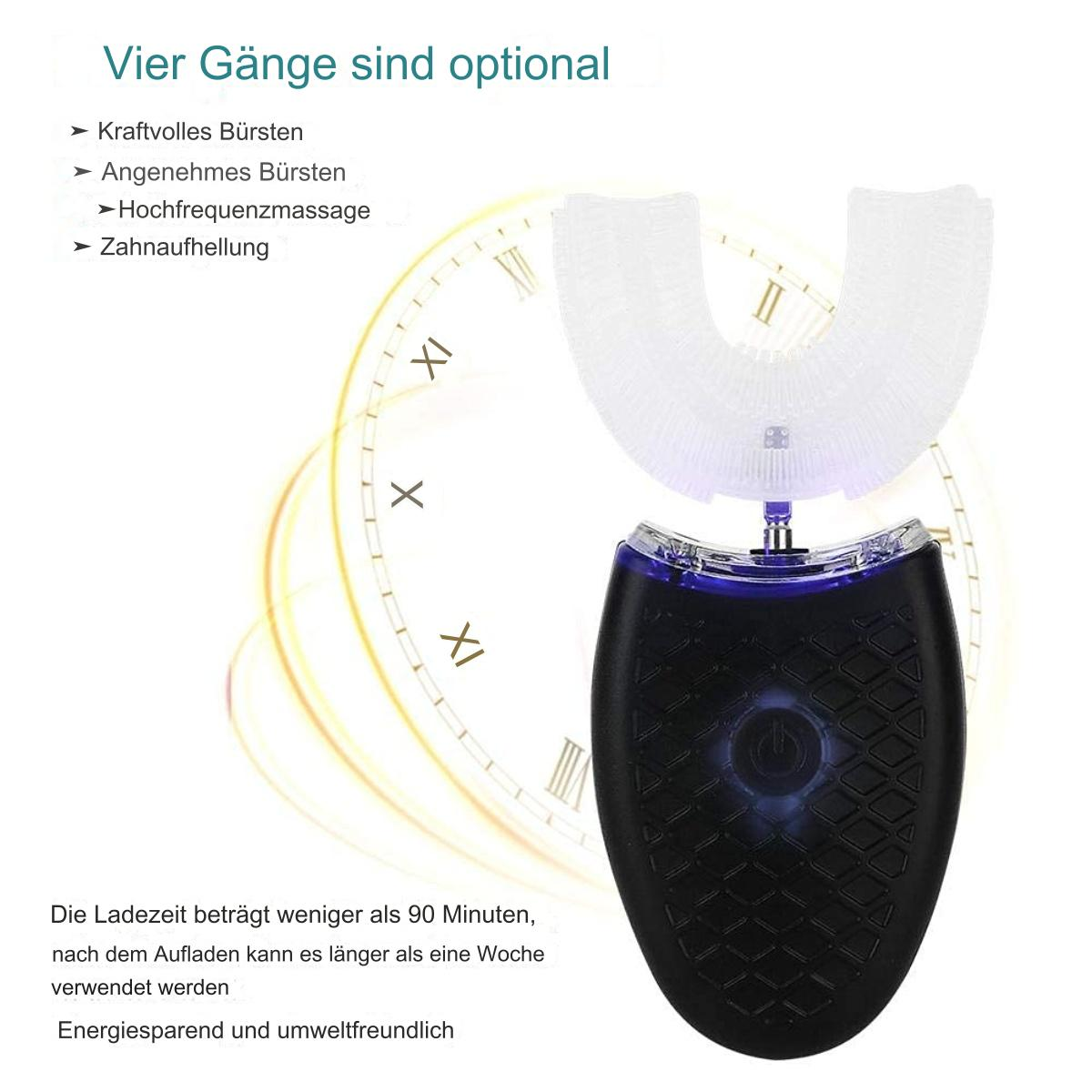 U-förmige elektrische Zahnbürste mit schwarzer Basis, vor einem Ziffernblatt-Design.