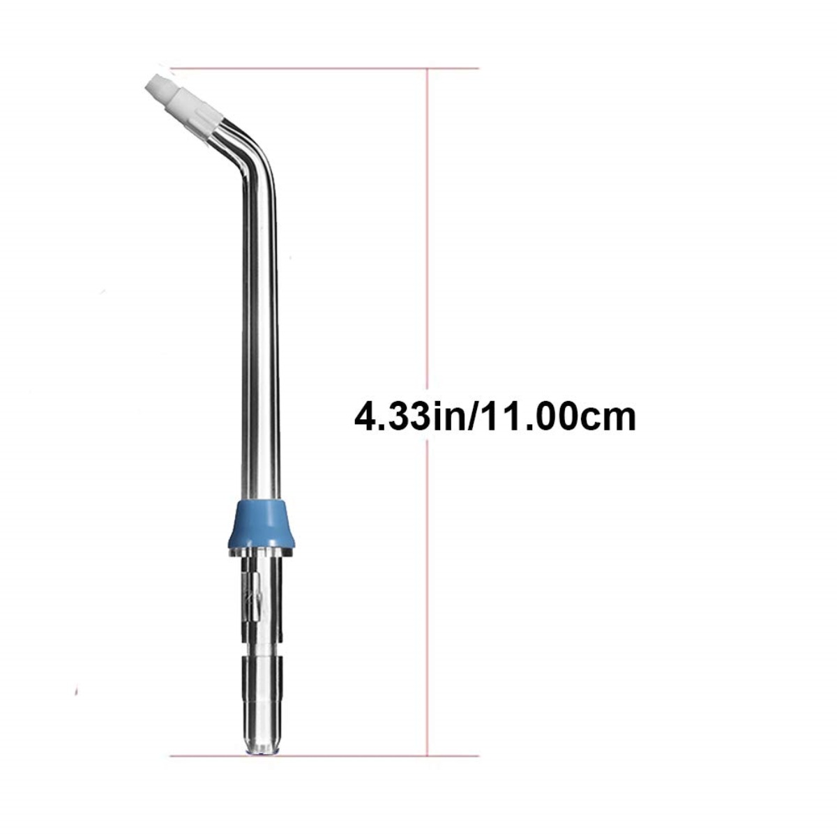 Eine silberne, abgewinkelte Wasserpik-Spitze. Text sagt 4.33in/11.00cm, was die Länge des Werkzeugs angibt.