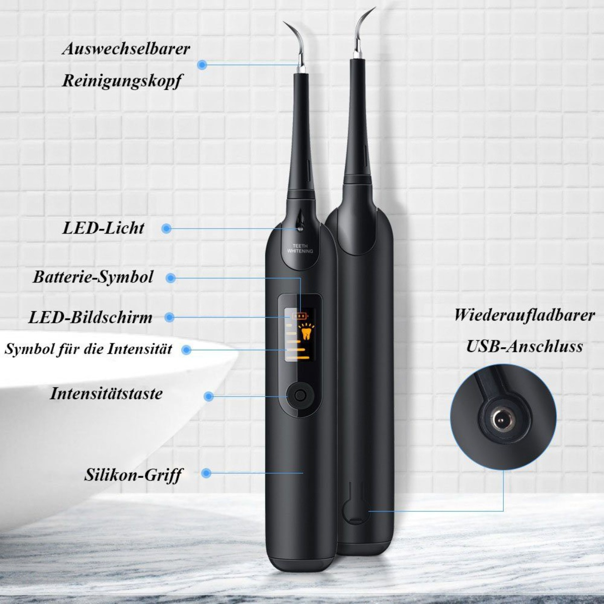 Zwei schwarze Zahnreinigungsgeräte, beschriftet mit Funktionen. Im Hintergrund ein weißes Waschbecken.