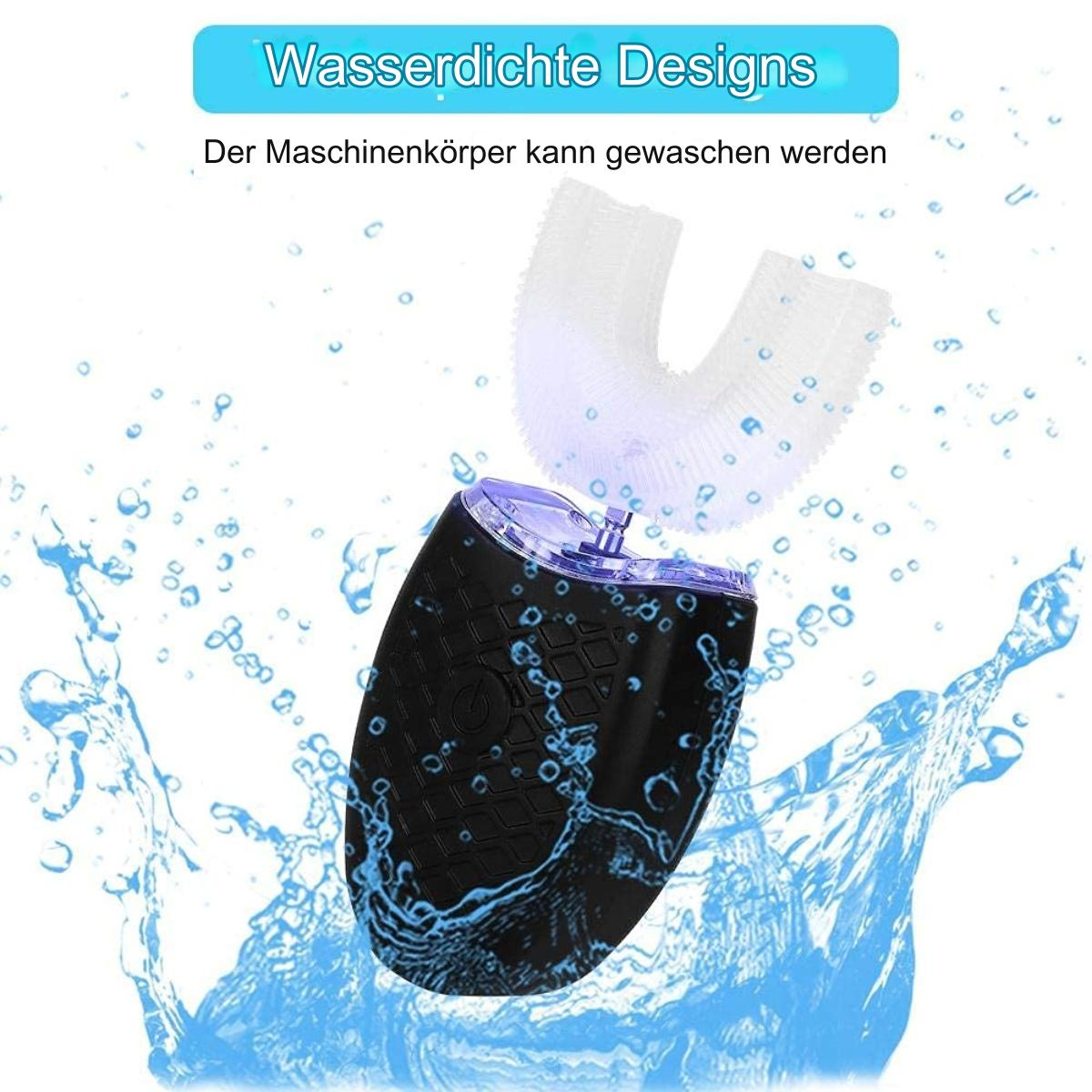 Eine elektrische Zahnbürste mit U-förmigem Bürstenkopf, Wassertropfen und schwarzem Sockel auf weißem Hintergrund.