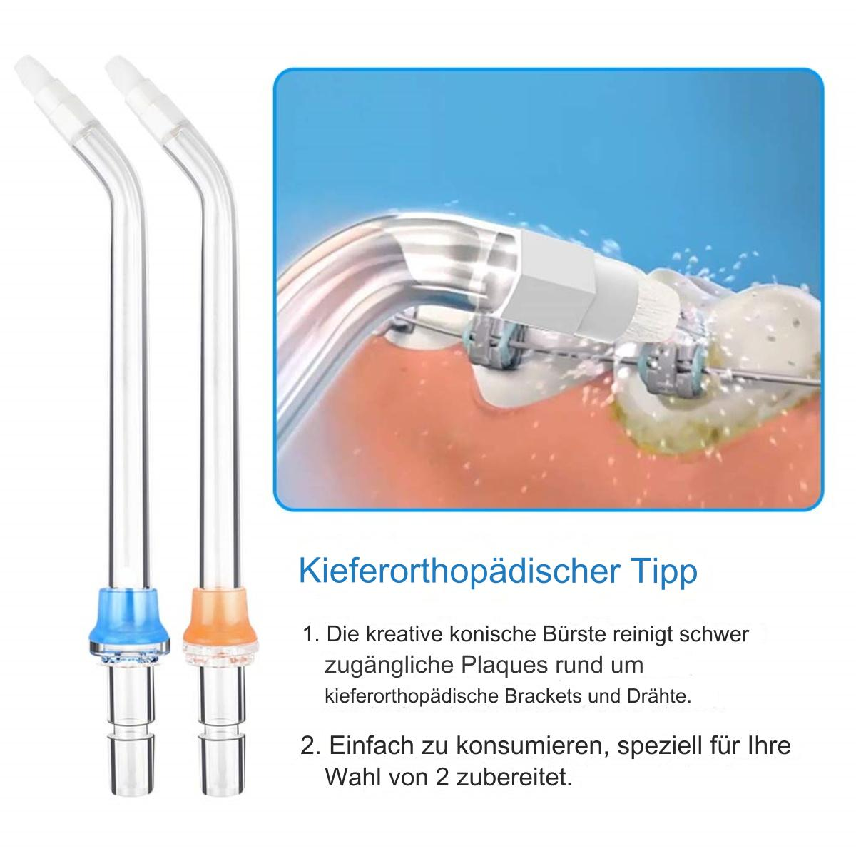 Zwei kieferorthopädische Spitzen und ein Bild, wie die Spitzen Zahnspangen reinigen.