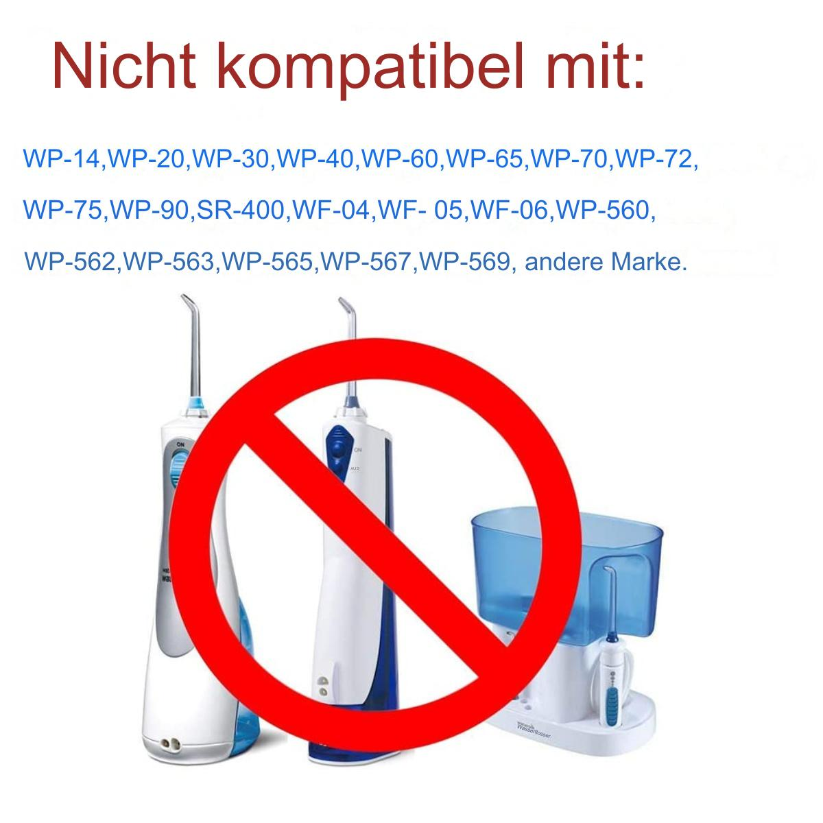 Bild zeigt Zahn-Wasser-Flosser mit einem roten Kreis und einem Strich durch.