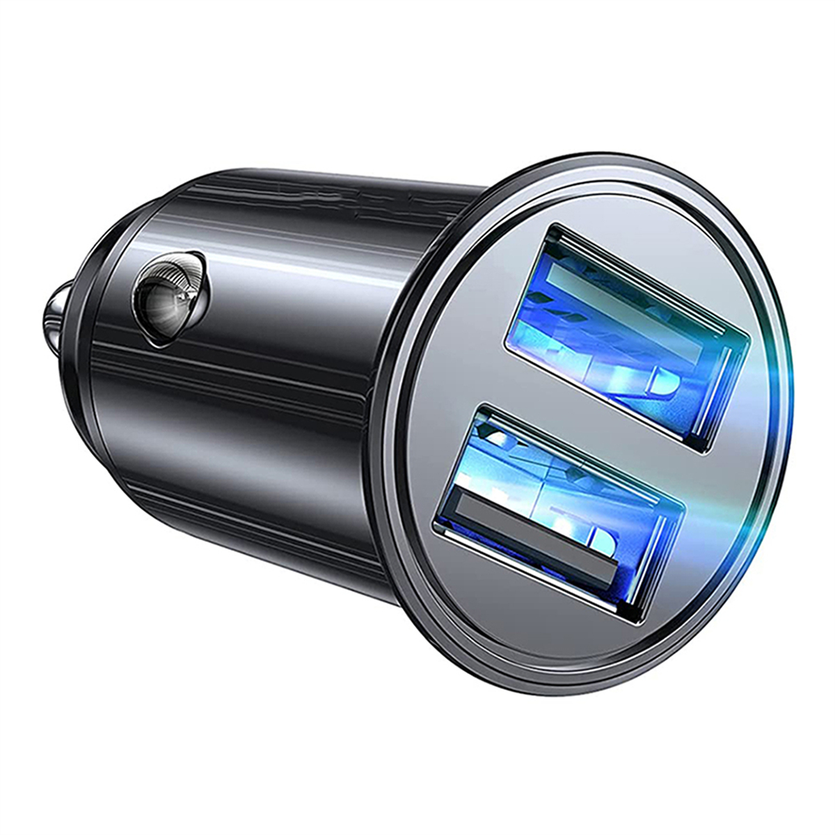 Doppel-USB-Autoladegerät mit blauen Lichtern. Das Ladegerät ist schwarz und metallisch.