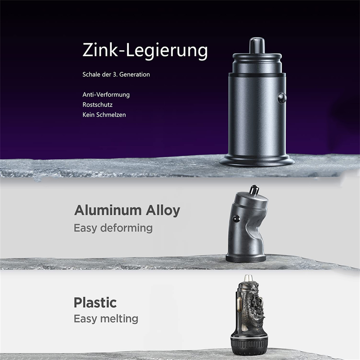 Diagramm von drei verschiedenen Materialien, jeweils mit einem Modell eines zylindrischen Objekts.