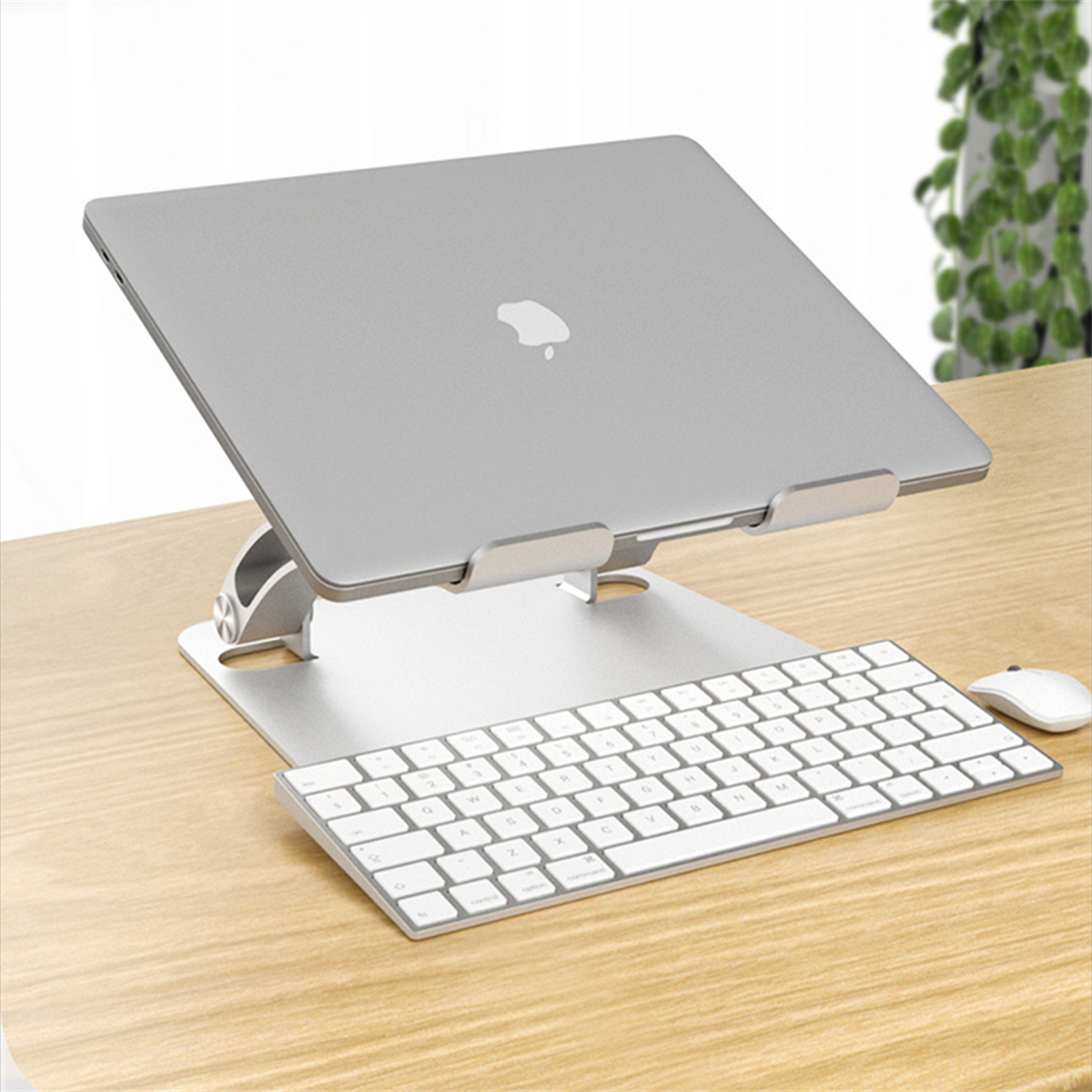 Ein Laptop auf einem silbernen Ständer mit Tastatur und Maus auf einem Holzschreibtisch. Grüne Pflanze im Hintergrund.