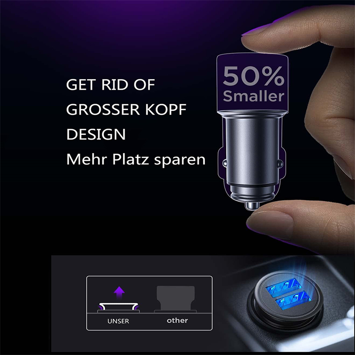 Ein Bild mit Text und einem Autoladegerät. Es bewirbt ein kleineres Design und platzsparende Funktionen.
