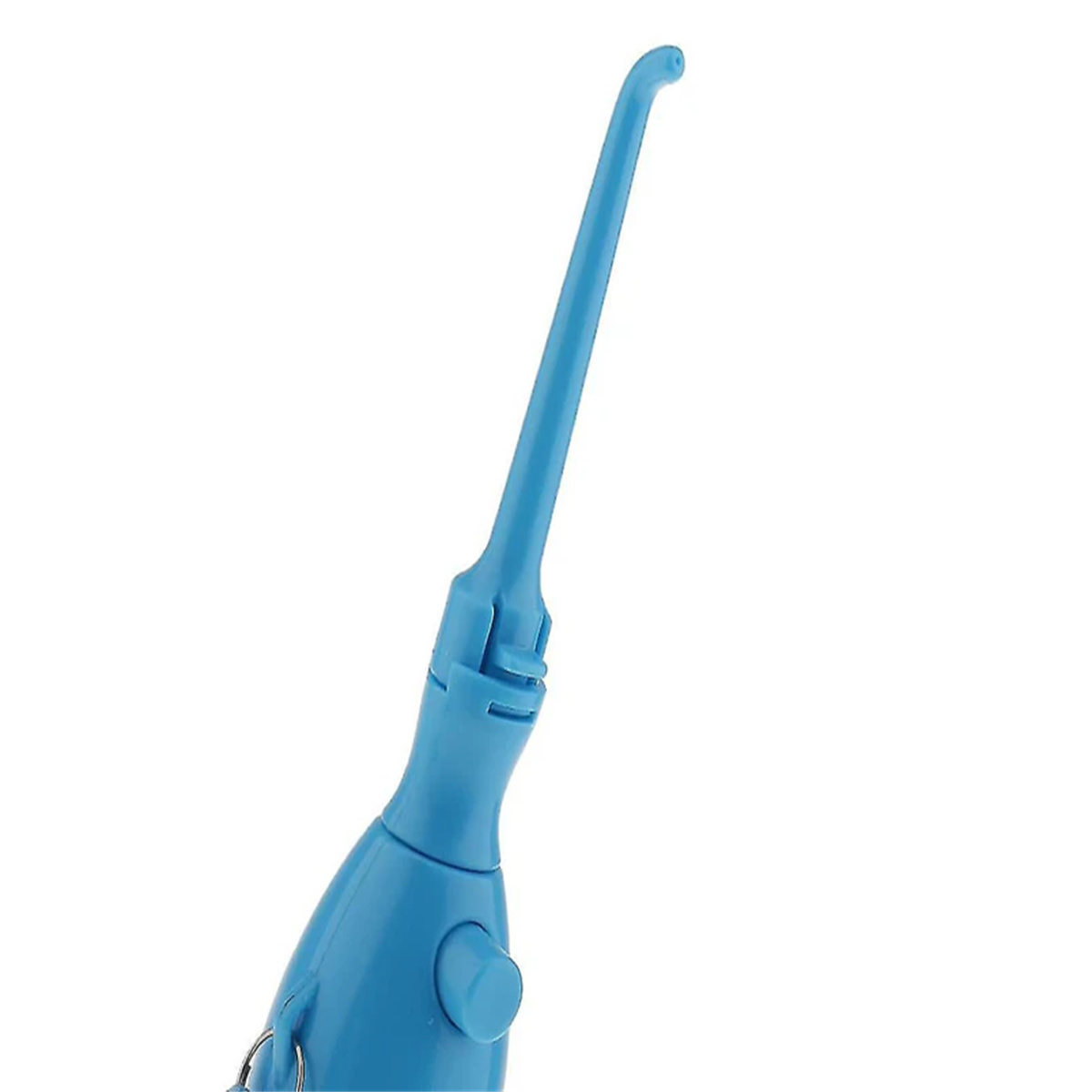Ein blaues zahnärztliches Werkzeug mit gebogener Spitze, vor weißem Hintergrund.