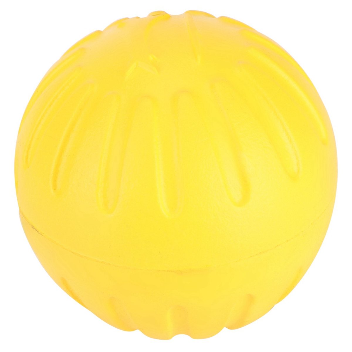 Ein gelber, runder Ball mit gerillten Linien. Es scheint ein Stressball oder ähnliches zu sein.