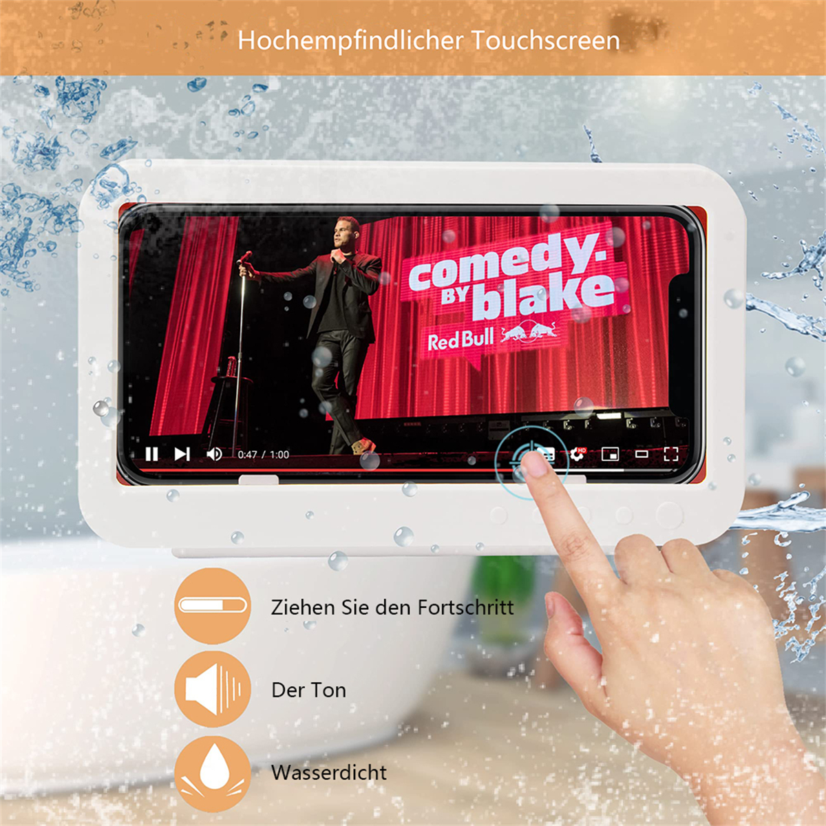 Ein Telefon in einer wasserdichten Hülle, das ein Video zeigt, mit Wasser drumherum.