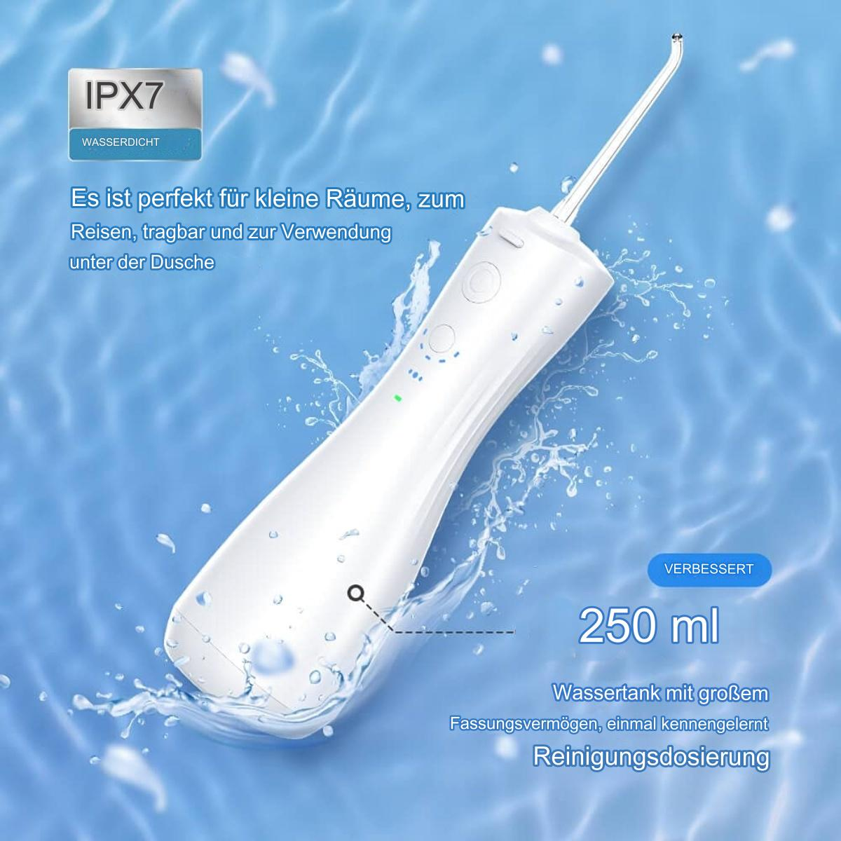 Weiße Wasserflosser mit blauem Wasserhintergrund. Text auf Deutsch beschreibt es als tragbar und für Reisen.