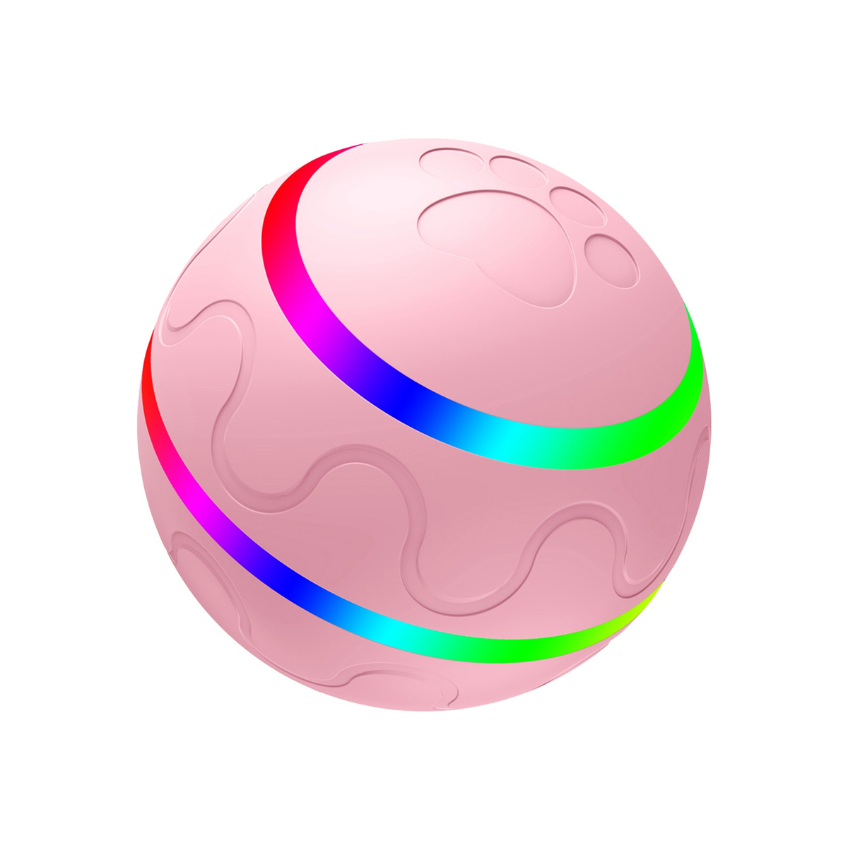 Rosa Ball mit einem regenbogenfarbenen Streifen und Pfotenabdrücken. Weißer Hintergrund.