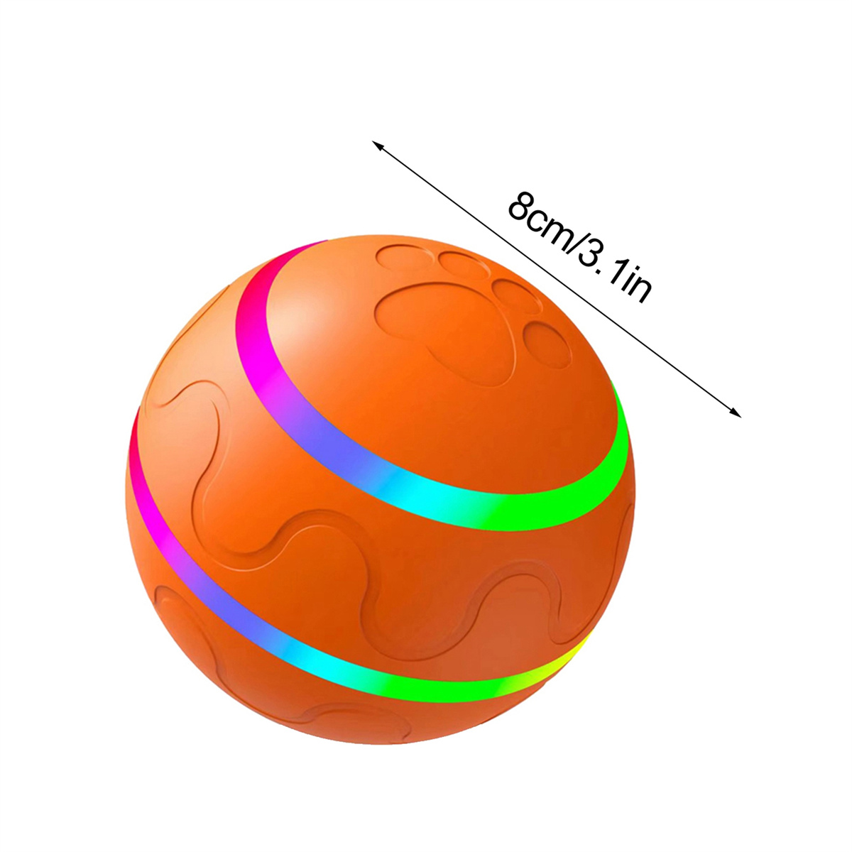 Oranger Ball mit Pfotenabdrücken, mit Pfeil, der 8 cm/3,1 Zoll Durchmesser angibt, und bunten Lichtern.