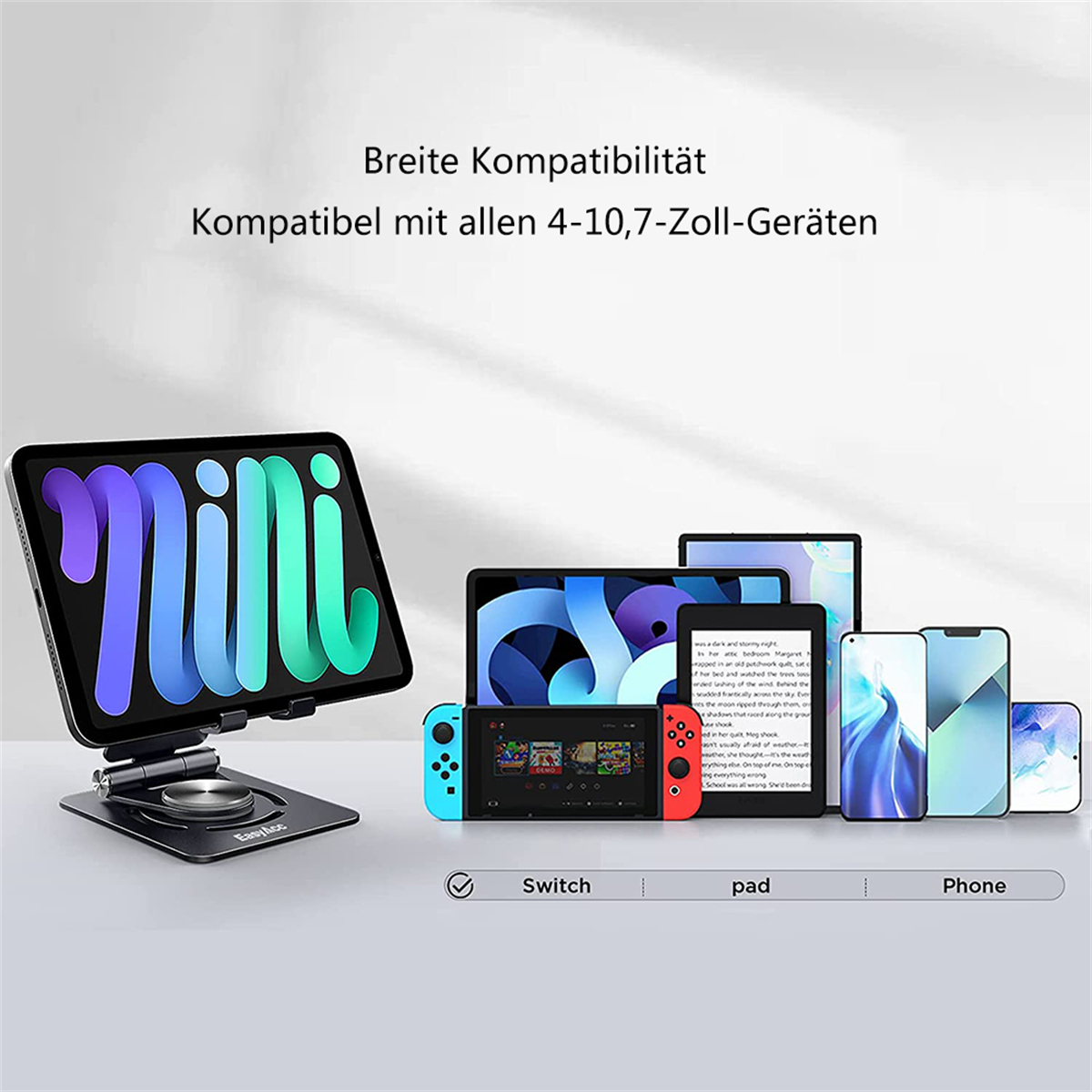 Mehrere Geräte auf einem Ständer mit Text, der 'Switch', 'pad' und 'Phone' sagt. Display zeigt auch das Wort 'Mini'.