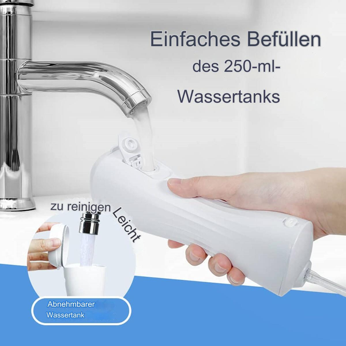 Eine Hand, die einen weißen Mundspüler unter einem Wasserhahn hält. Text auf Deutsch beschreibt die Merkmale.
