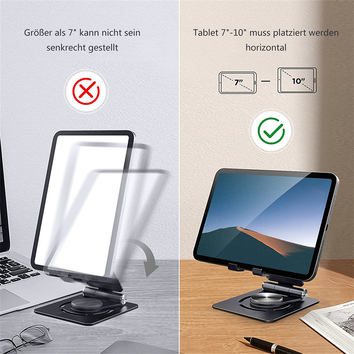 Tabletständer mit zwei Bildern. Eines zeigt das Tablet nicht unterstützt, das andere unterstützt.