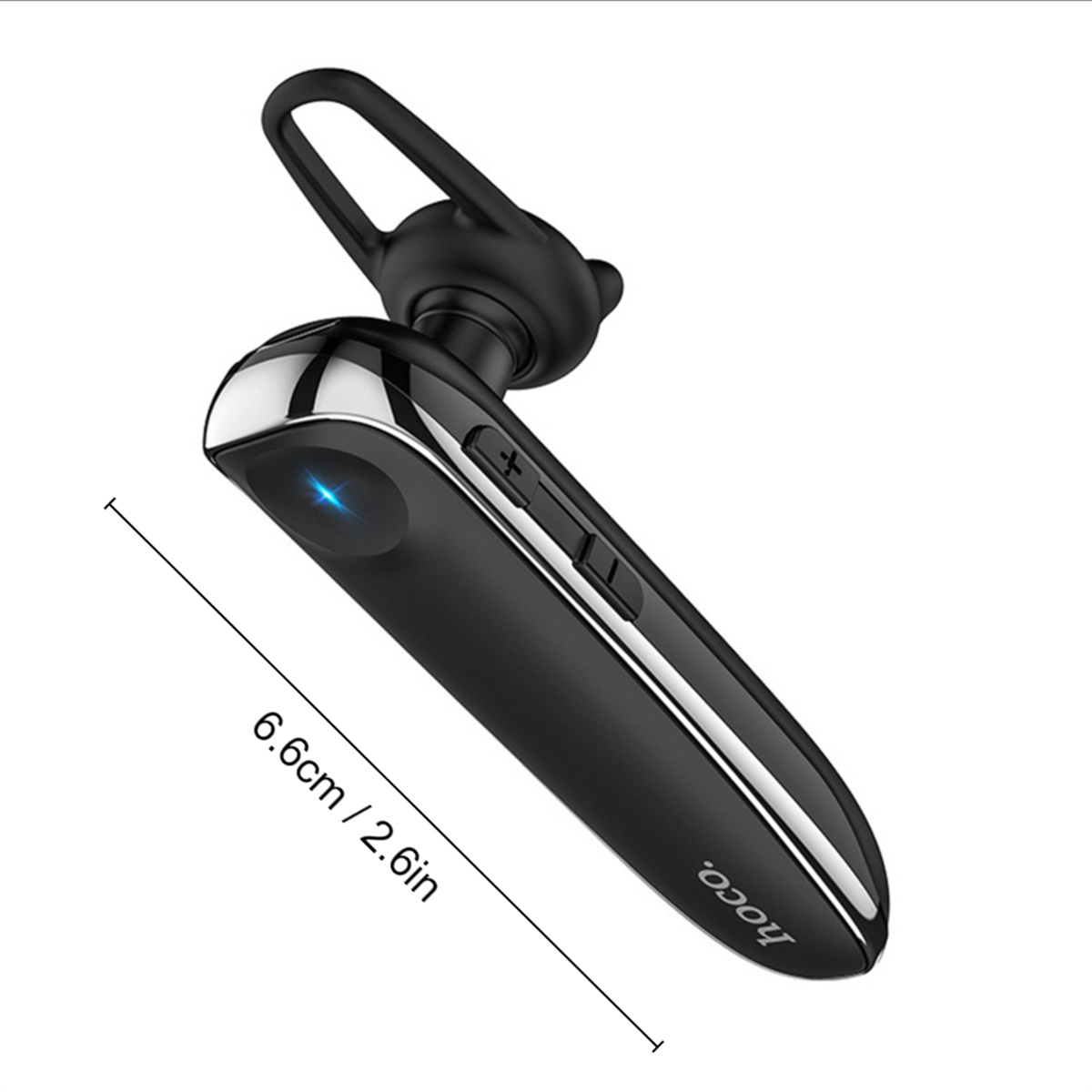 Schwarzes Bluetooth-Headset mit Bedientasten, abgewinkelt, mit Längenangabe.