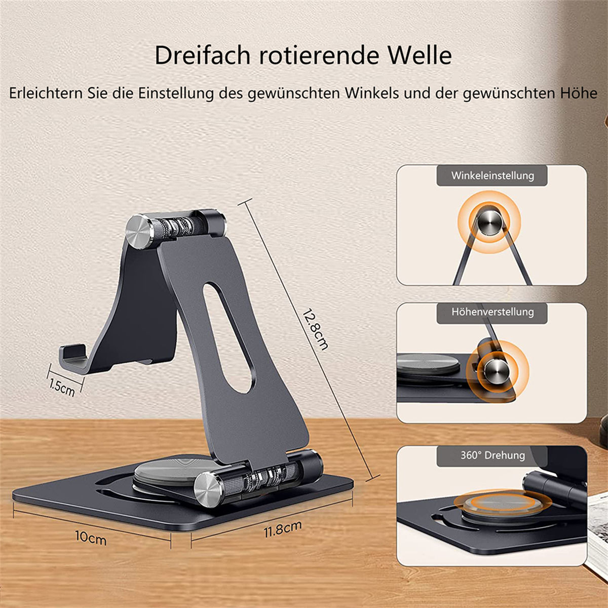 Schwarz-grauer Telefonständer mit drehbarem Fuß und höhenverstellbar, auf Holzoberfläche.