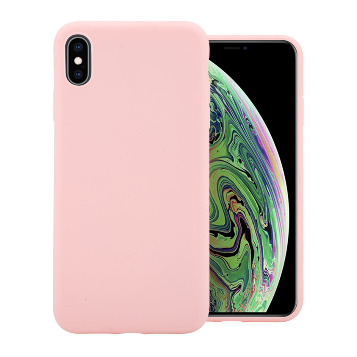 Rosa Handyhülle auf einem Handy, das den Home-Bildschirm mit farbenfrohem Hintergrund zeigt, auf weißer Oberfläche.