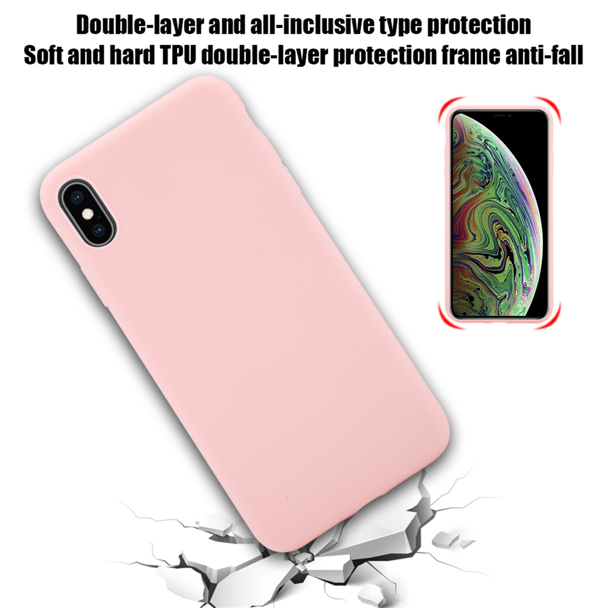 Pinke Handyhülle mit einem Telefonbild darauf, gezeigt mit einem Rissbodeneffekt.