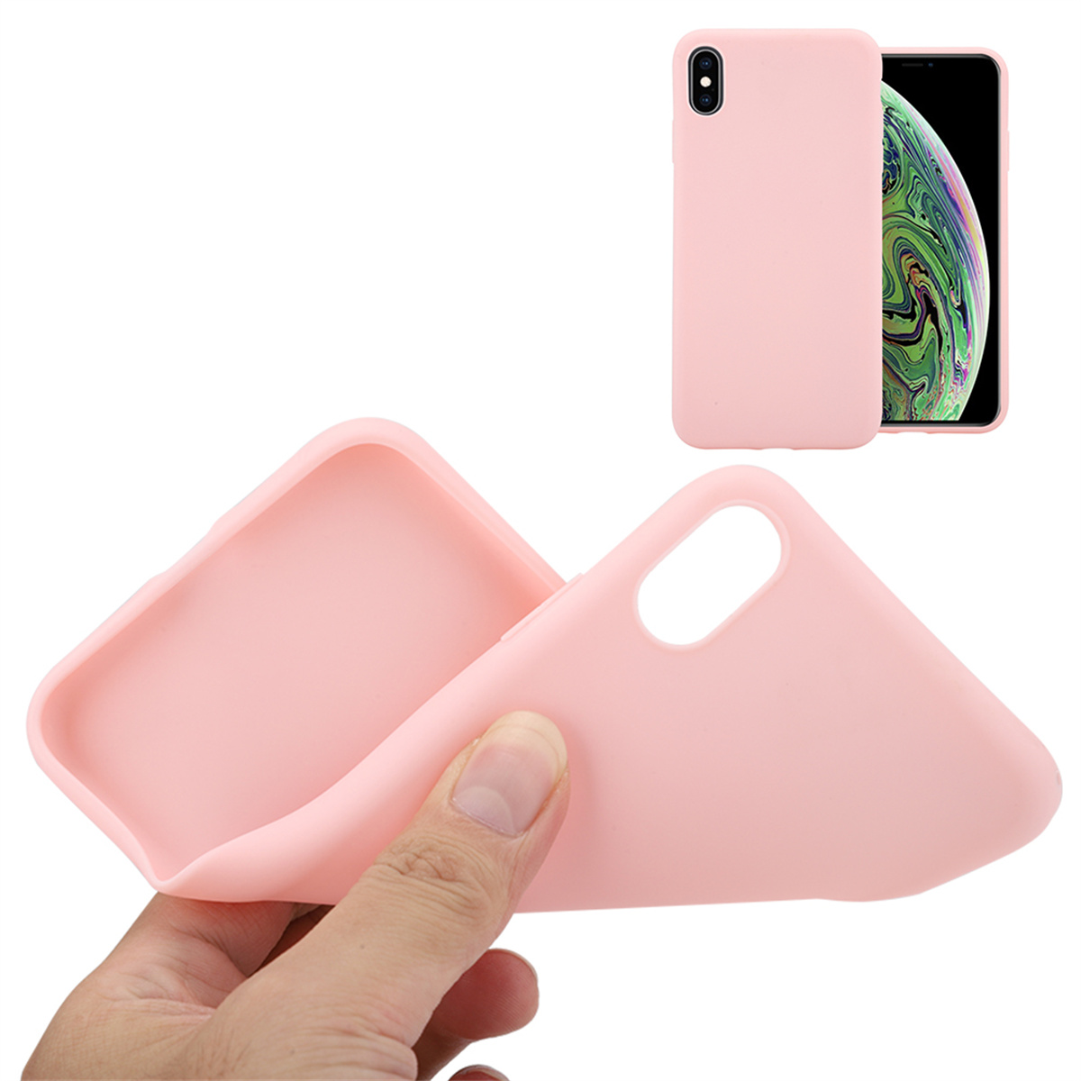 Eine rosa Handyhülle mit einem Telefon darin. Hand hält die offene Hülle und zeigt Details.