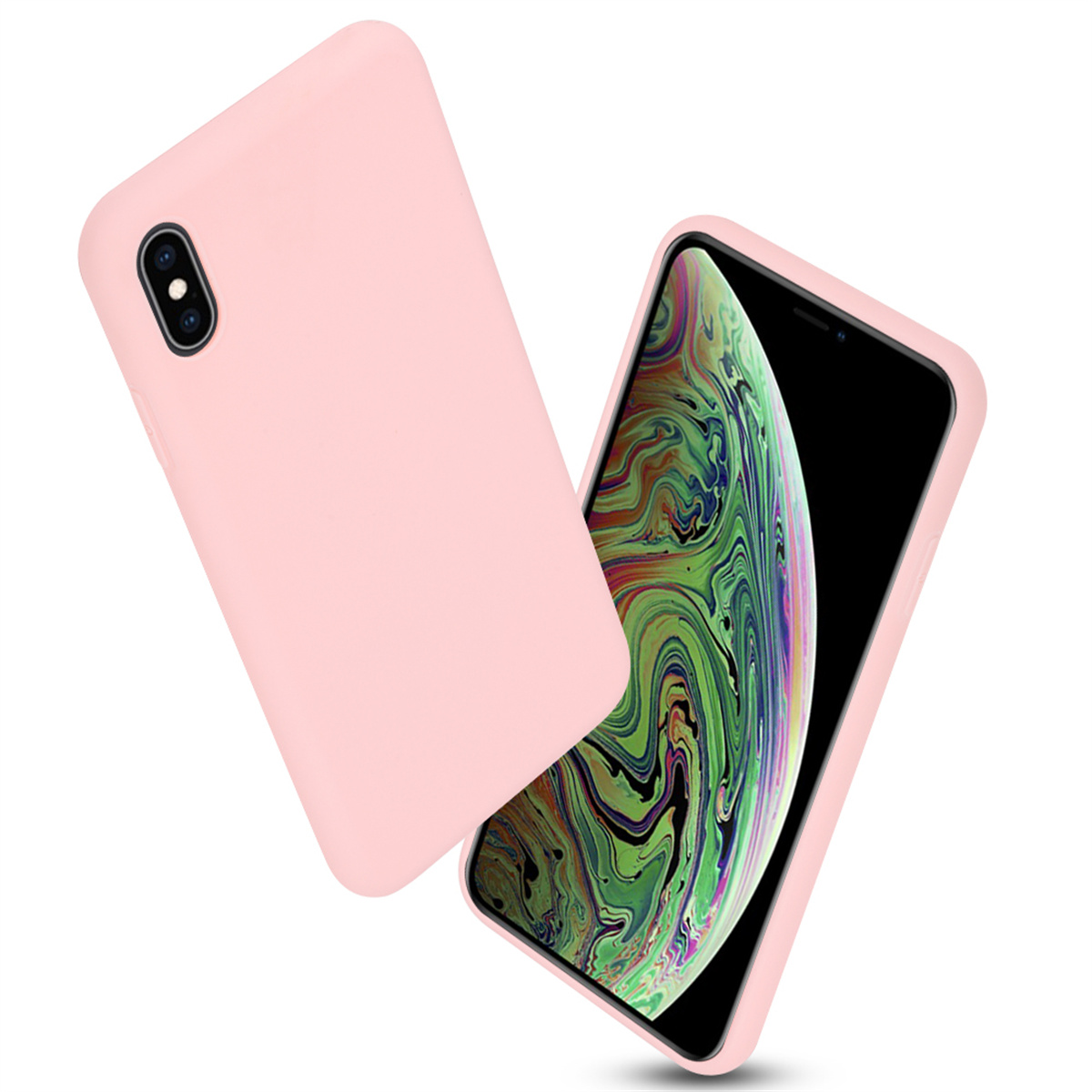 Zwei rosa Handyhüllen: eine isoliert, die andere mit einem Telefon im Inneren. Der Bildschirm des Telefons zeigt ein farbenfrohes Hintergrundbild.