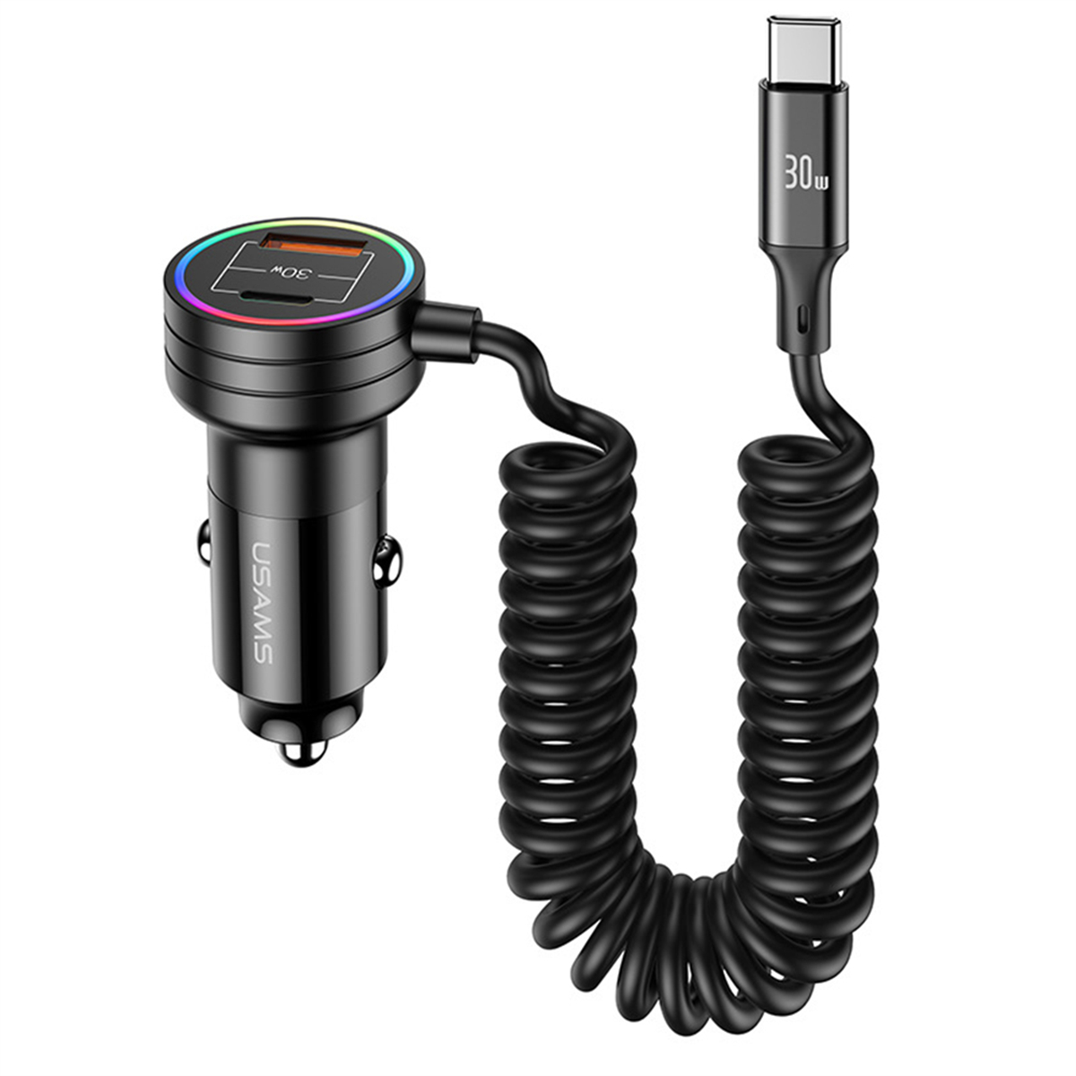 Schwarzes Autoladegerät mit USB-C-Spiralkabel und Digitalanzeige, weißer Hintergrund.