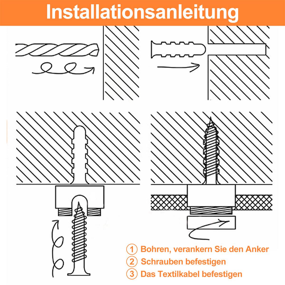 Installationsanleitung mit Diagrammen zur Verwendung von Schrauben und Ankern zur Montage.