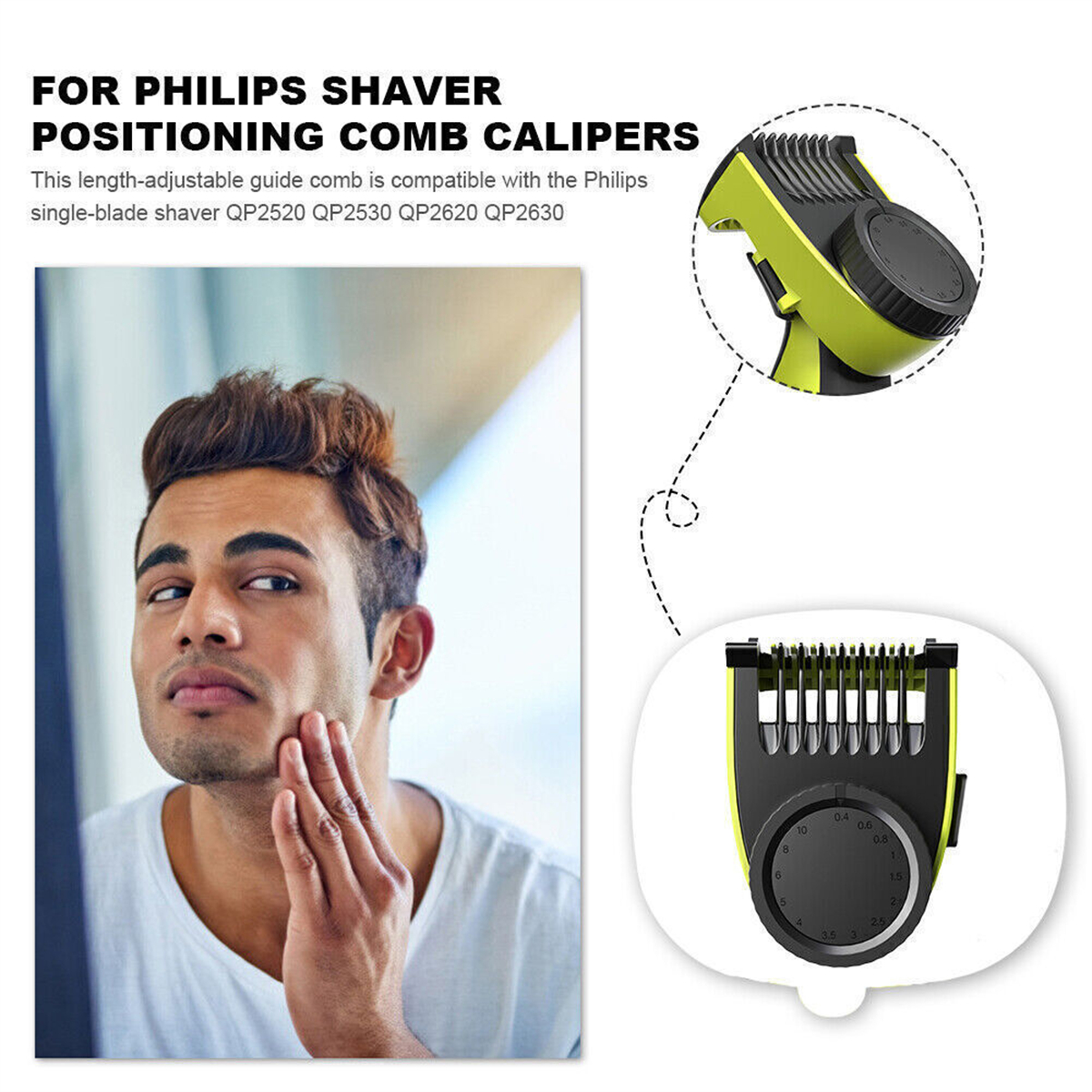 Mann rasiert sich mit Philips Rasierer. Führungsaufsatz und Rasierer mit Textbeschreibung gezeigt.