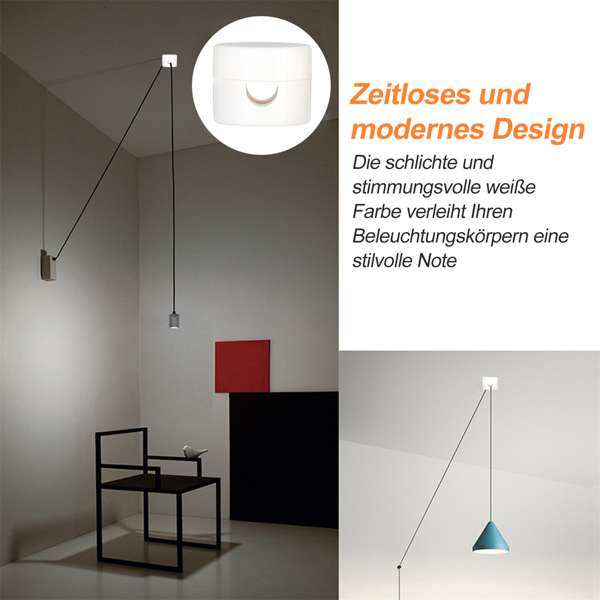 Modernes Design: Weiße Lichter hängen von der Decke. Eines konisch, das andere rechteckig.