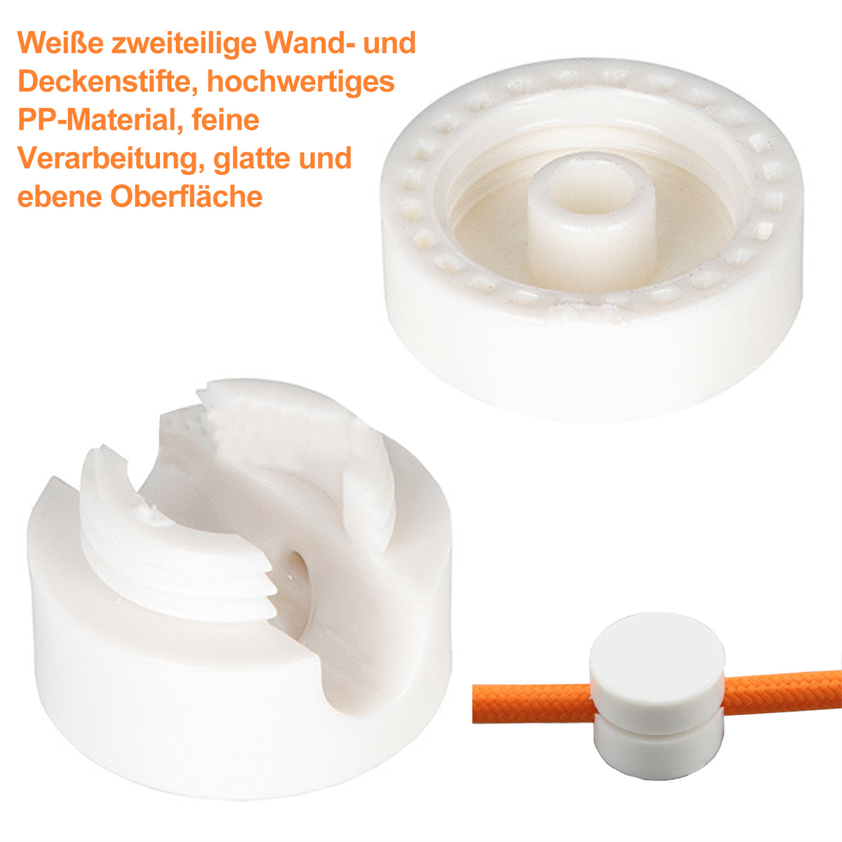 Weiße Deckenhaken und ein kleiner oranger Draht. Sie bestehen aus PP-Material.