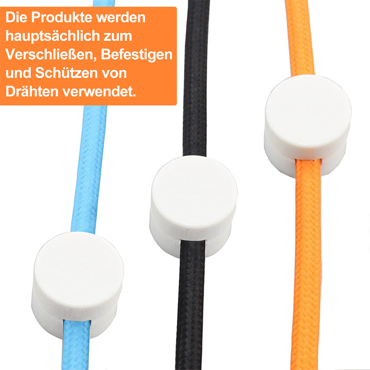 Drei Drähte mit weißen Drahtbefestigungen. Drähte sind blau, schwarz und orange.