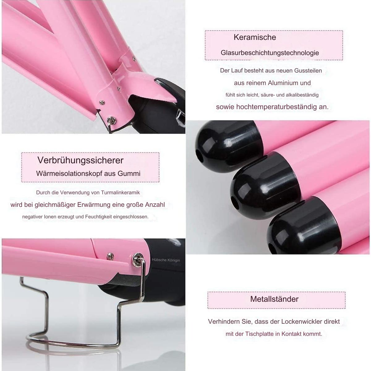 Details eines pinkfarbenen Lockenstabs. Zeigt Keramik-, hitzebeständige Teile und einen Metallständer. Nahaufnahmen.