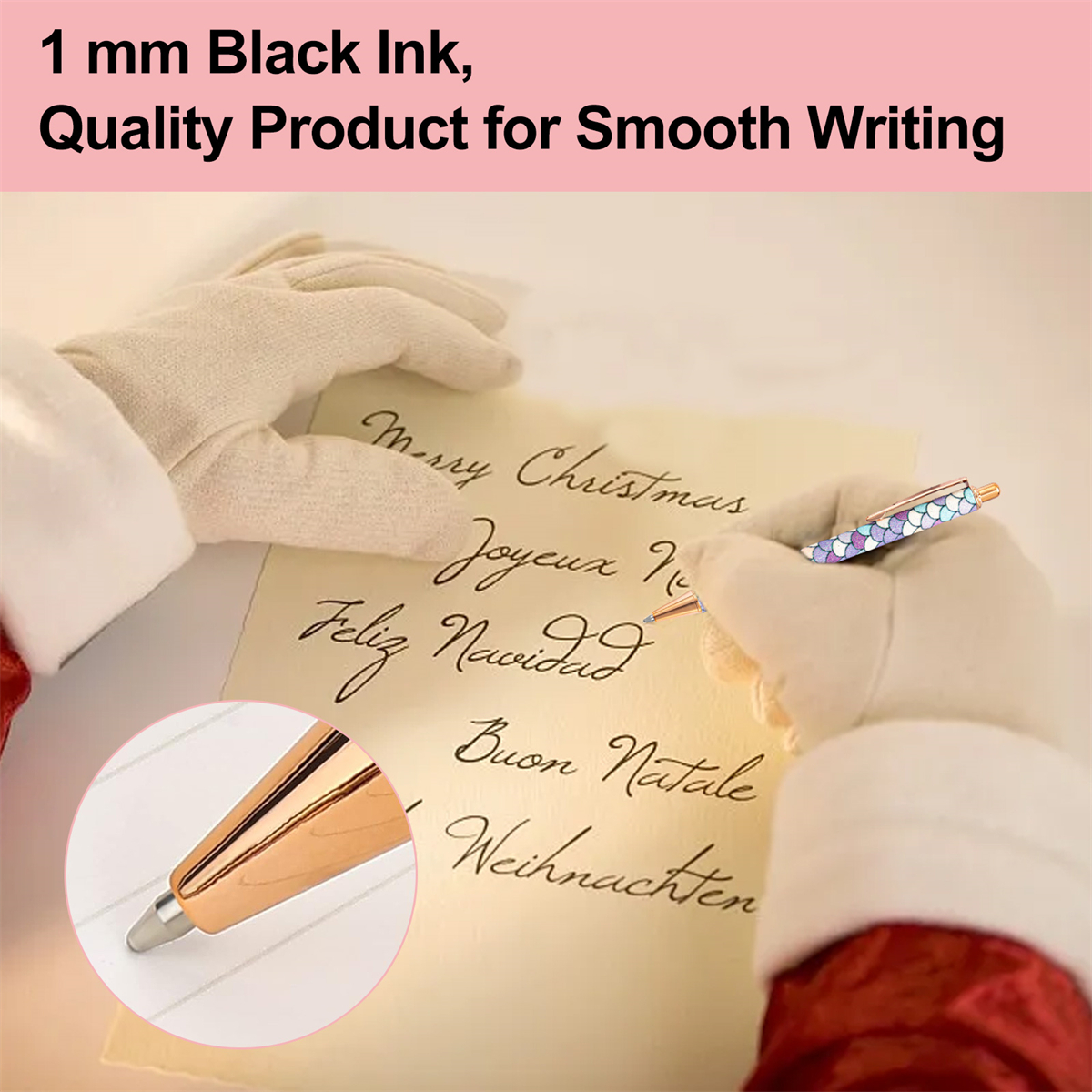 Eine Hand in Handschuhen schreibt auf Papier, mit einem Stift mit gemustertem Griff. Weihnachtsbotschaft.