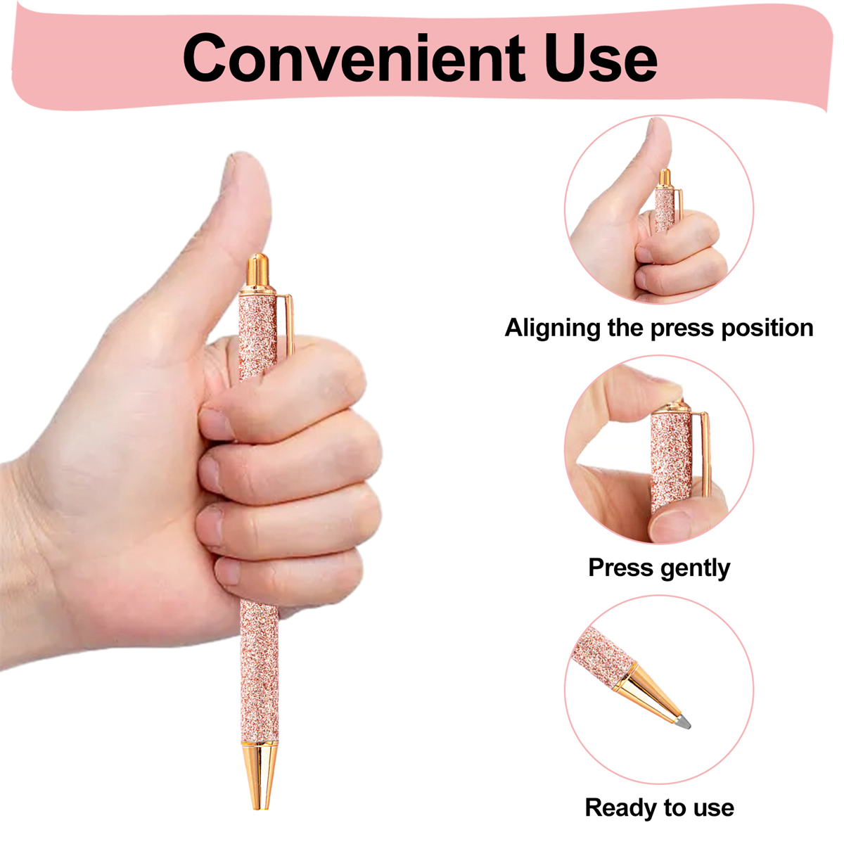 Eine Hand, die einen roségoldenen Stift hält, mit Detaildiagrammen des Stifts.