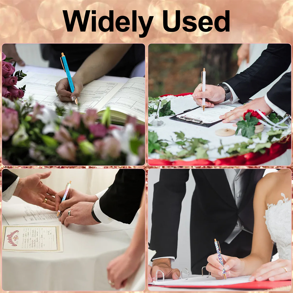 Vier Fotos, die zeigen, wie Menschen Dokumente mit Stiften unterschreiben. Die Stifte haben dekorative Designs. Hochzeit.