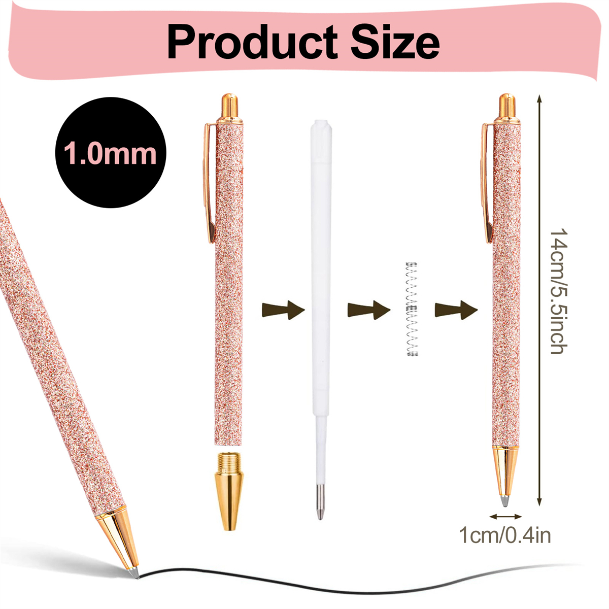 Diagramm, das einen zerlegten Stift mit Abmessungen zeigt. Stiftkomponenten mit Glitzerfinish sind sichtbar.