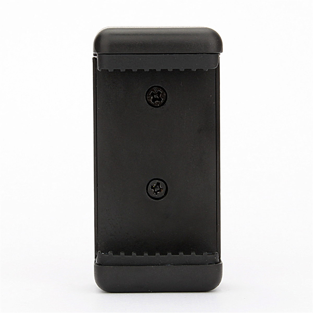 Schwarzer Telefonhalter. Hat zwei Schrauben. Weißer Hintergrund.