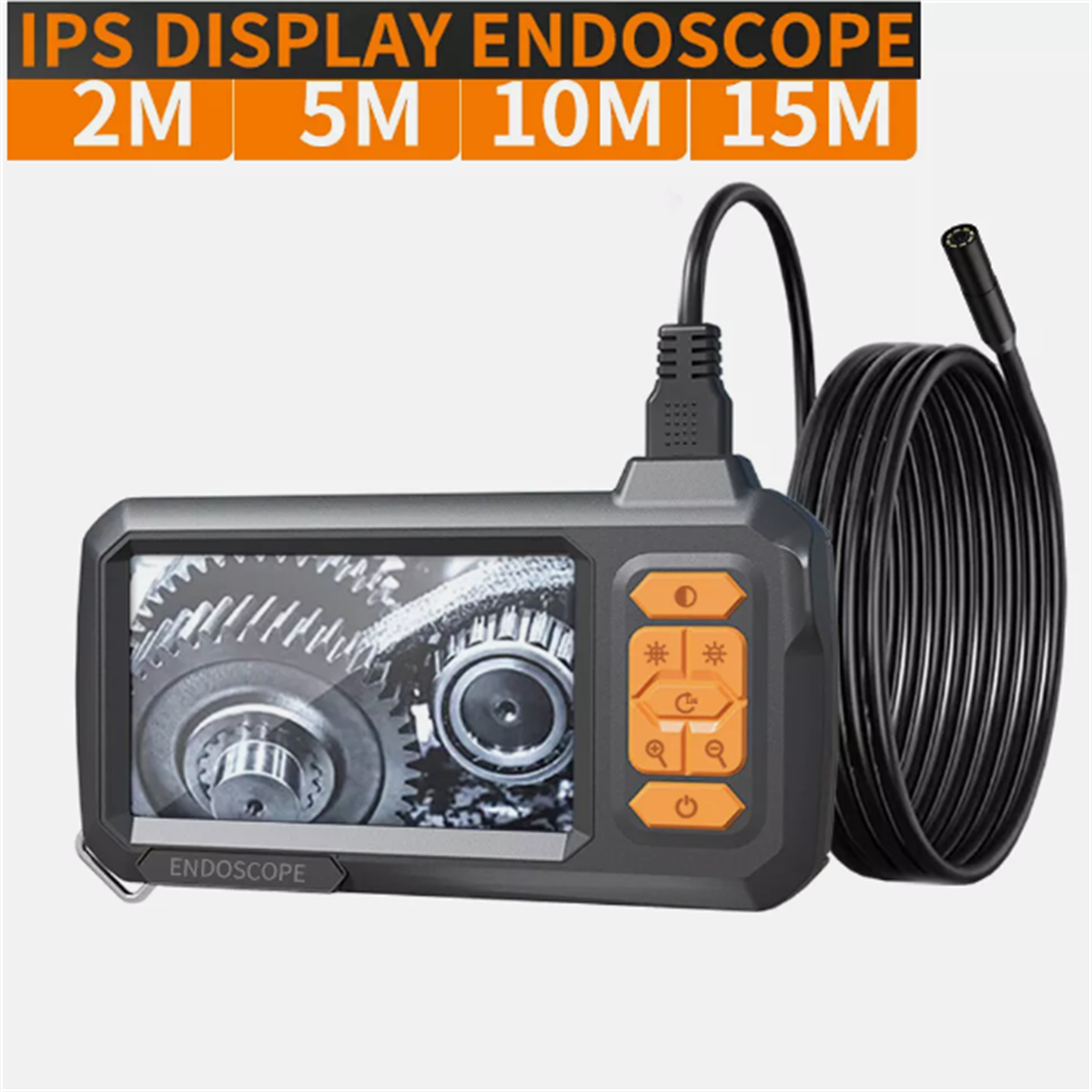 Endoskop-Display mit Zahnrädern. Schwarzes Kabel und orangefarbene Knöpfe. Text: 2M, 5M, 10M, 15M.