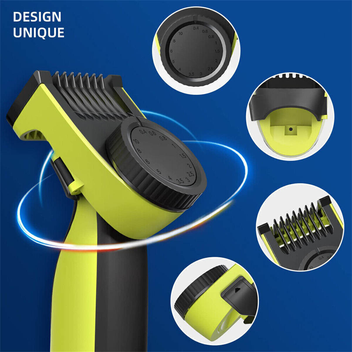 Elektrischer Trimmer in Grün und Schwarz, mit Detailaufnahmen von einstellbaren Einstellungen und Klingen vor blauem Hintergrund.
