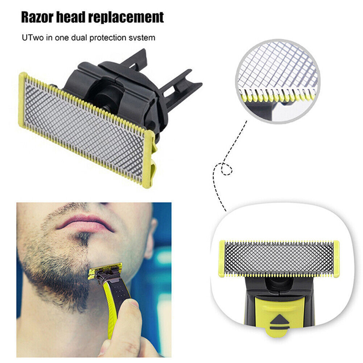 Rasierer-Kopf-Ersatz und Rasur. Ein Mann rasiert sich das Gesicht mit einem gelb-schwarzen Rasierer.