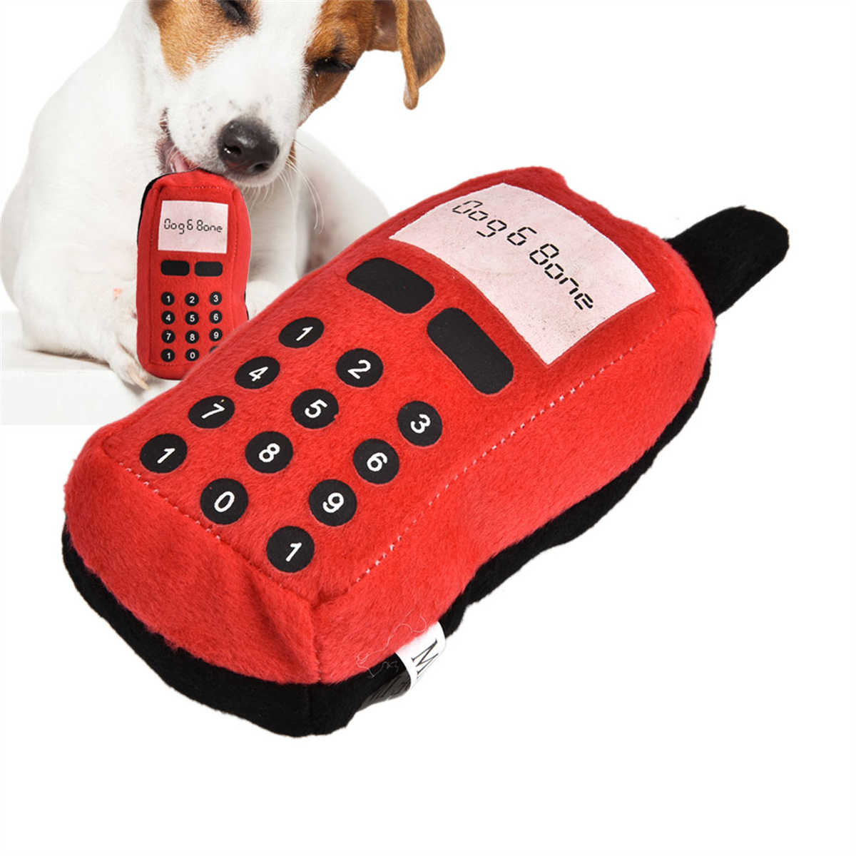 Rotes Hundespielzeugtelefon mit Zahlen und einem Hund. Text: 'Dog & Bone' auf dem Telefon.